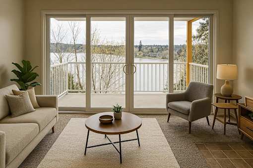 A living room with a view of a lake through the sliding glass doors.