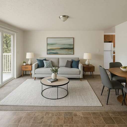 A living room with a grey couch, a coffee table, and a painting on the wall.