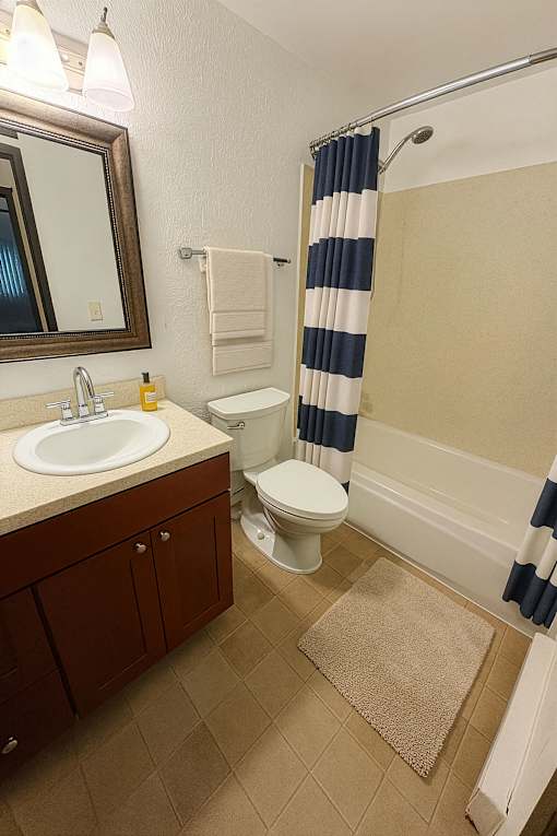 A bathroom with a sink, toilet, and shower.