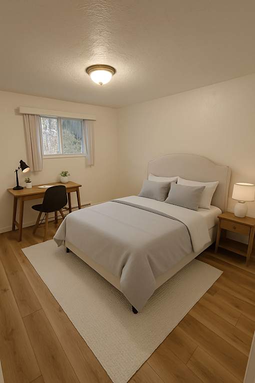 A bedroom with a bed, desk, and chair.