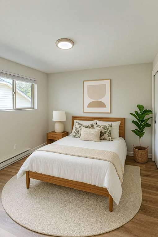 A bedroom with a bed, nightstand, and a plant.
