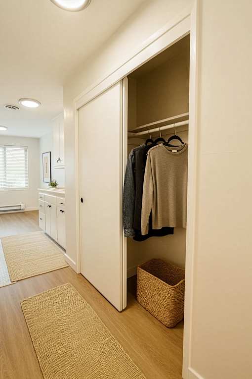 A hallway with a wardrobe and a basket on the floor.