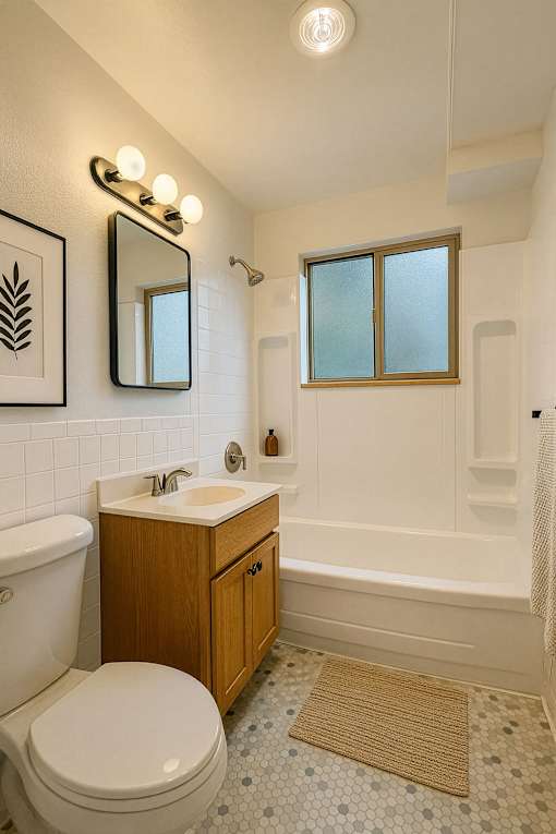 A white toilet sits next to a sink in a bathroom.