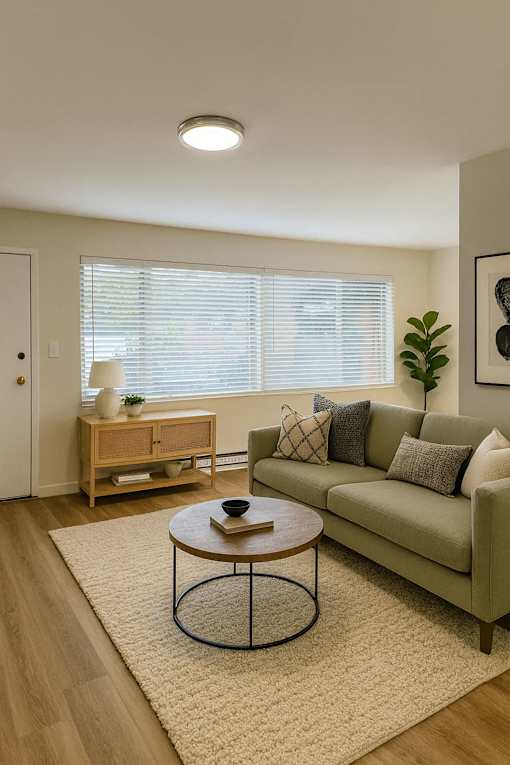 A living room with a couch, a table, and a cabinet.
