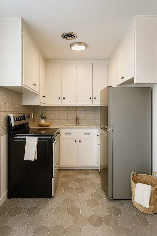A kitchen with black and white appliances and cabinets.