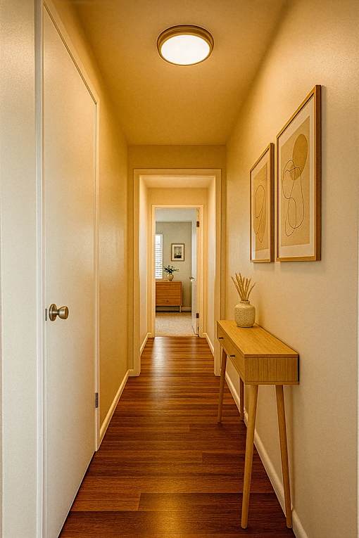 A hallway with a desk and two pictures on the wall.