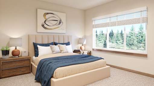 A bedroom with a large bed and a painting above it.