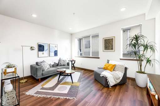 A living room with a grey couch, a white sofa, a wooden floor, and a rug.