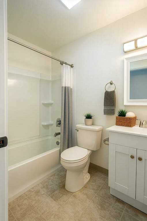 A white toilet sits in a bathroom next to a white sink.