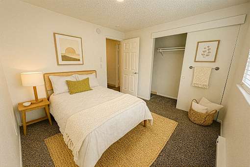 A bedroom with a bed, nightstand, and a basket on the floor.