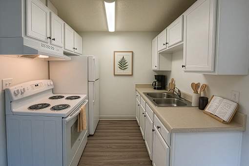 A kitchen with white cabinets and a stove top oven.