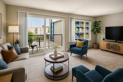 A living room with a grey couch, a blue armchair, a coffee table, and a balcony with a view of a building.