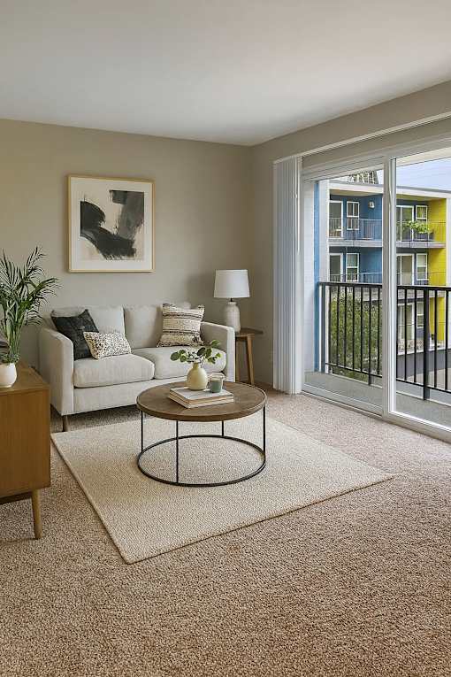 A living room with a white couch, a coffee table, and a painting on the wall.