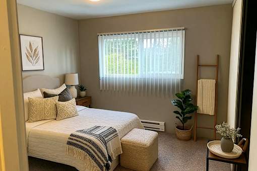 A bedroom with a bed, a chair, a potted plant, and a window with blinds.