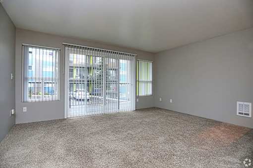 A room with a carpeted floor and a sliding glass door.