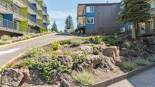 A rocky hill with greenery in front of apartment buildings.