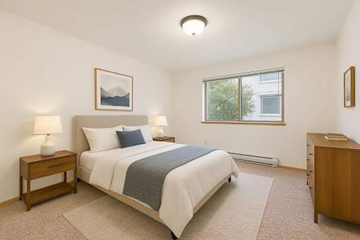 A bedroom with a bed, nightstand, and window.