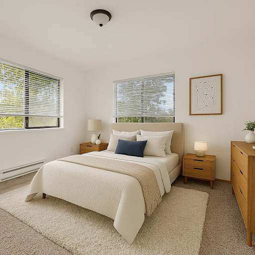 A bedroom with a large bed, nightstands, and a framed picture on the wall.