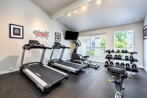 A home gym with treadmills, exercise bikes, and weights.