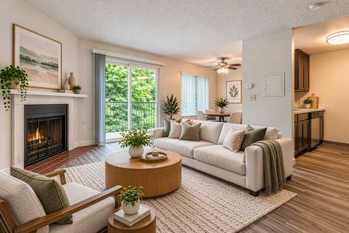 A living room with a fireplace and a couch.