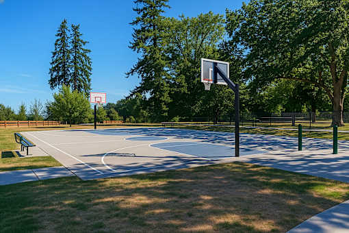A basketball court with a hoop and a bench.