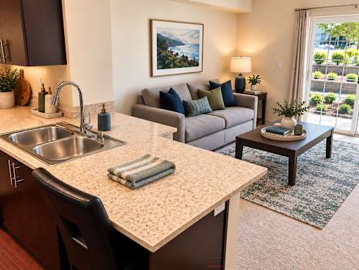 A kitchen with a sink and a couch in the background.