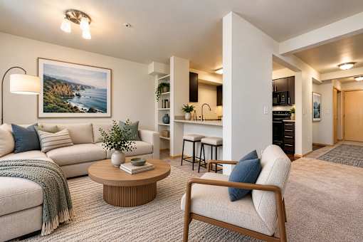 A living room with a sofa, a chair, a coffee table, and a painting on the wall.