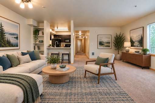 A living room with a couch, chair, and coffee table.