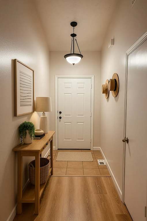 A hallway with a white door and a light hanging from the ceiling.