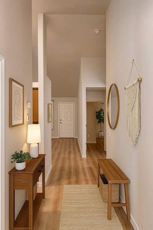 A hallway with a rug and a hanging decoration.