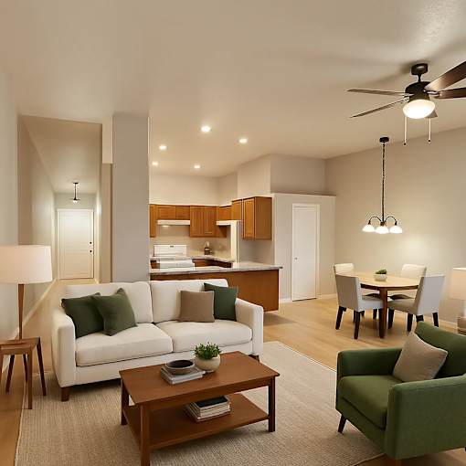 A living room with a white couch, green armchair, and a wooden coffee table.