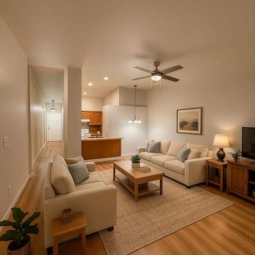 A living room with a couch, a chair, a coffee table, and a ceiling fan.