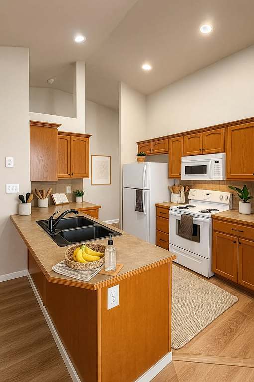 A kitchen with wooden cabinets and a white refrigerator.