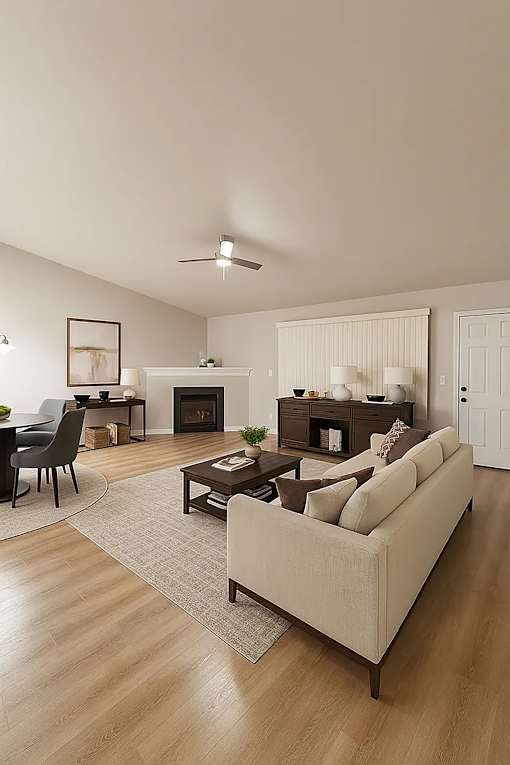 A living room with a fireplace and a couch.