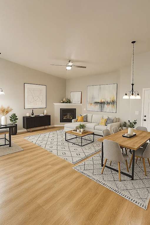 A modern living room with a fireplace and a dining table set up.