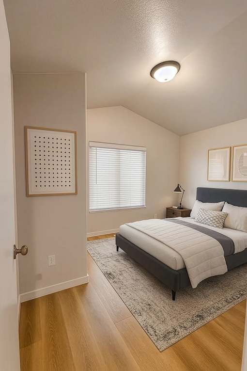 A bedroom with a bed, nightstand, and window.