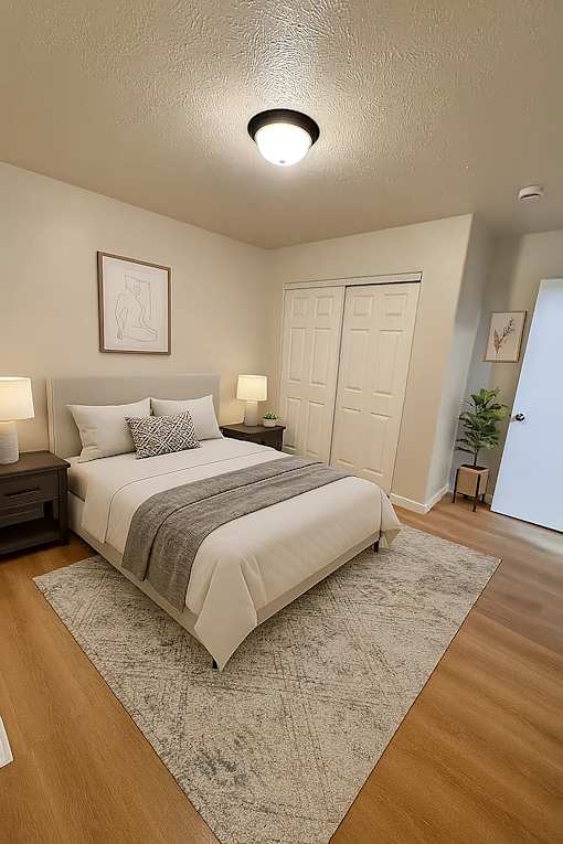 A bedroom with a bed, nightstands, and a rug.