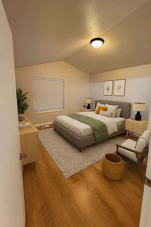 A bedroom with a bed, nightstand, chair, and a plant.