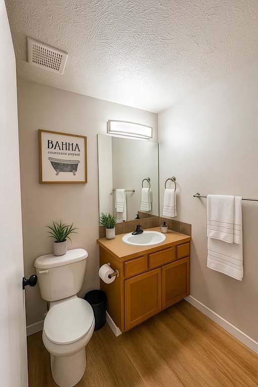 A bathroom with a toilet, sink, mirror, and a plant.