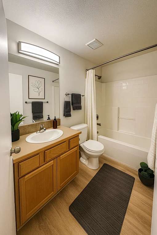A bathroom with a toilet, sink, and mirror.