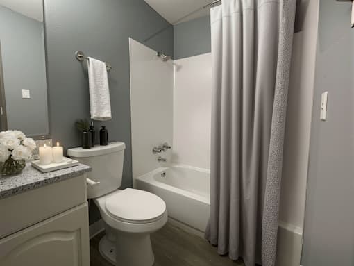 A white toilet sits next to a bathtub in a bathroom.