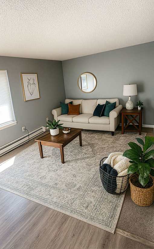 A living room with a couch, coffee table, and potted plant.