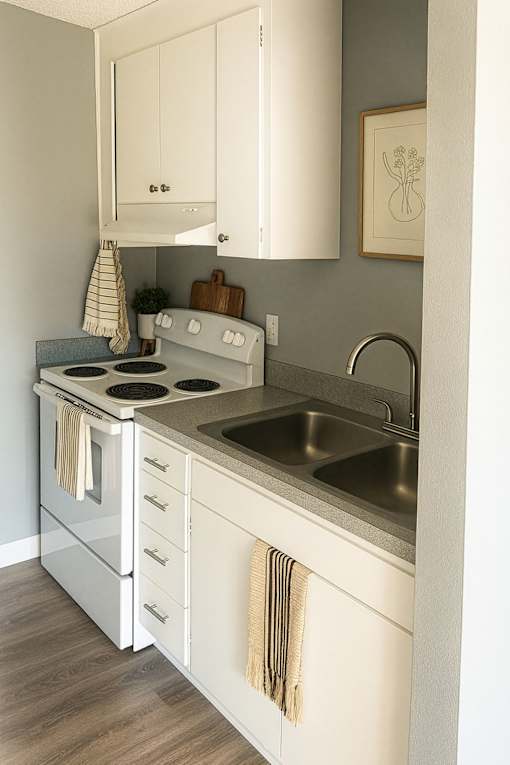 A kitchen with a white oven and sink.