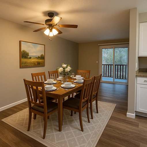 A dining room with a table set for six.