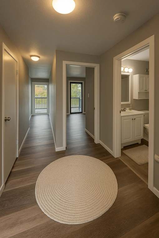 A hallway with a rug on the floor and a door on the left.