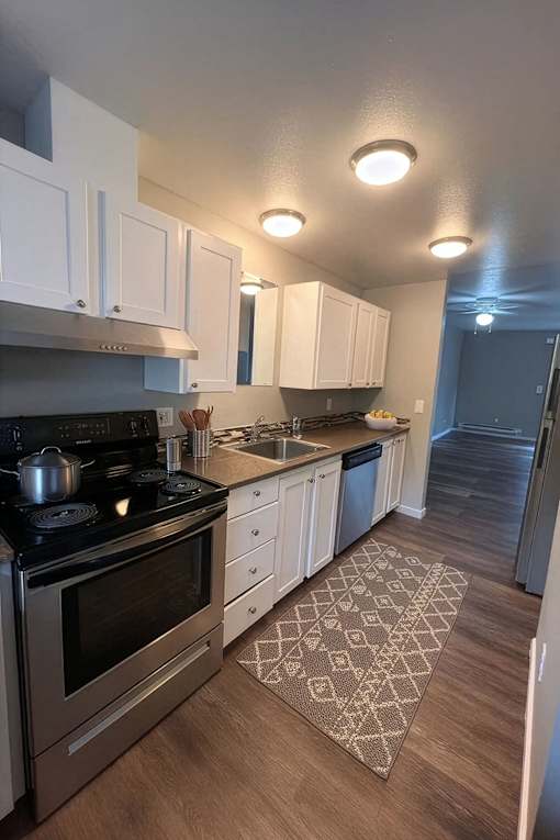 A kitchen with a stove, sink, and cabinets.