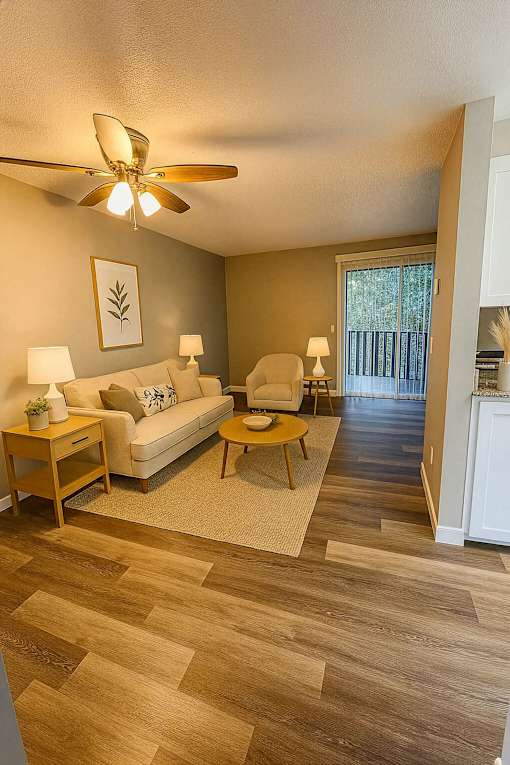 A living room with a couch, a coffee table, and a ceiling fan.