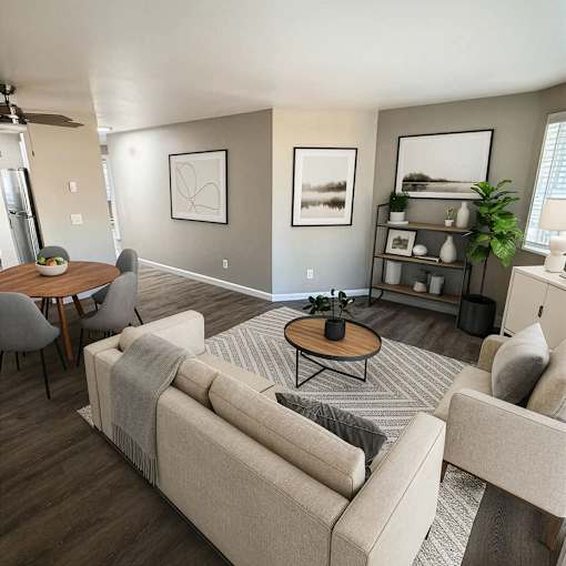 A living room with a grey couch, a coffee table, a dining table, and a rug.