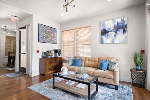 a living room with a couch and a coffee table