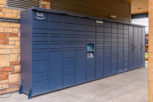 A large blue Amazon storage unit is closed and has a door with a window.